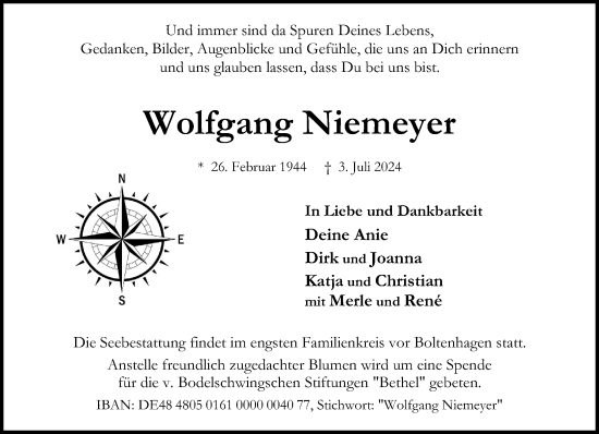 Traueranzeige von Wolfgang Niemeyer von Stormaner Tageblatt