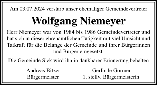 Traueranzeige von Wolfgang Niemeyer von Stormaner Tageblatt