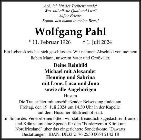 Traueranzeige von Wolfgang Pahl von Husumer Nachrichten, Nordfriesland Tageblatt