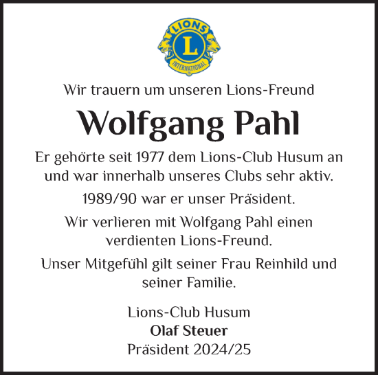 Traueranzeige von Wolfgang Pahl von Husumer Nachrichten, Nordfriesland Tageblatt