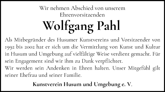 Traueranzeige von Wolfgang Pahl von Husumer Nachrichten, Nordfriesland Tageblatt