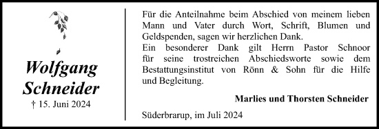 Traueranzeige von Wolfgang Schneider von Schleswiger Nachrichten, Schlei-Bote