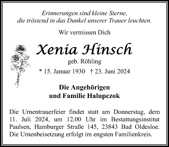 Traueranzeige von Xenia Hinsch von Stormaner Tageblatt