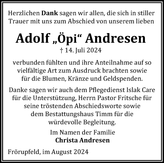 Traueranzeige von Adolf  Andresen von Flensburger Tageblatt