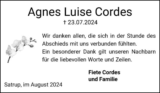Traueranzeige von Agnes Luise Cordes von Flensburger Tageblatt