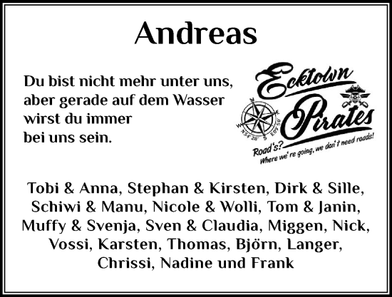 Traueranzeige von Andreas  von Eckernförder Zeitung, Hallo Eckernförde
