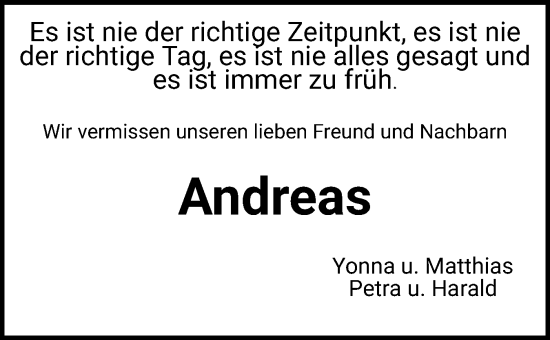 Traueranzeige von Andreas  von Eckernförder Zeitung, Hallo Eckernförde