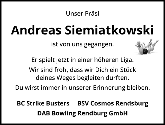 Traueranzeige von Andreas Siemiatkowski von Schleswig-Holsteinische Landeszeitung