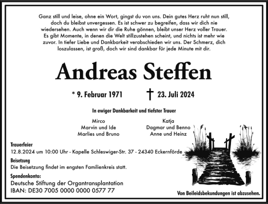 Traueranzeige von Andreas Steffen von Eckernförder Zeitung, Hallo Eckernförde