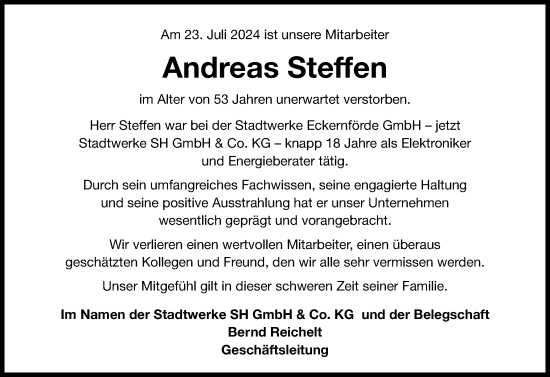 Traueranzeige von Andreas Steffen von Schleswig-Holsteinische Landeszeitung, Schleswiger Nachrichten, Eckernförder Zeitung