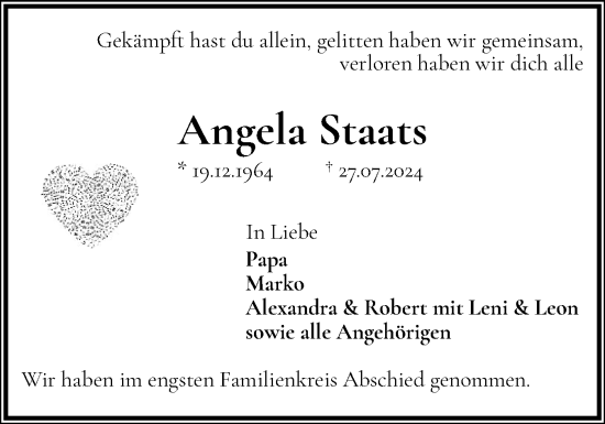 Traueranzeige von Angela Staats von Region Pinneberg und tip Pinneberg