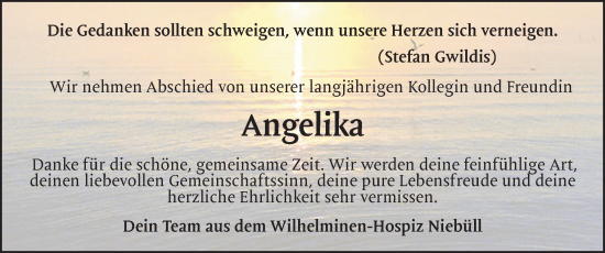 Traueranzeige von Angelika  von Husumer Nachrichten, Nordfriesland Tageblatt