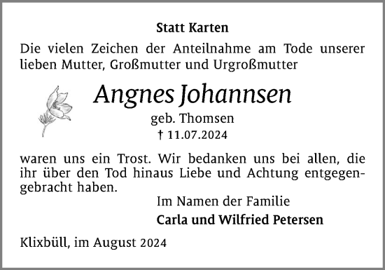 Traueranzeige von Angnes Johannsen von Husumer Nachrichten, Nordfriesland Tageblatt