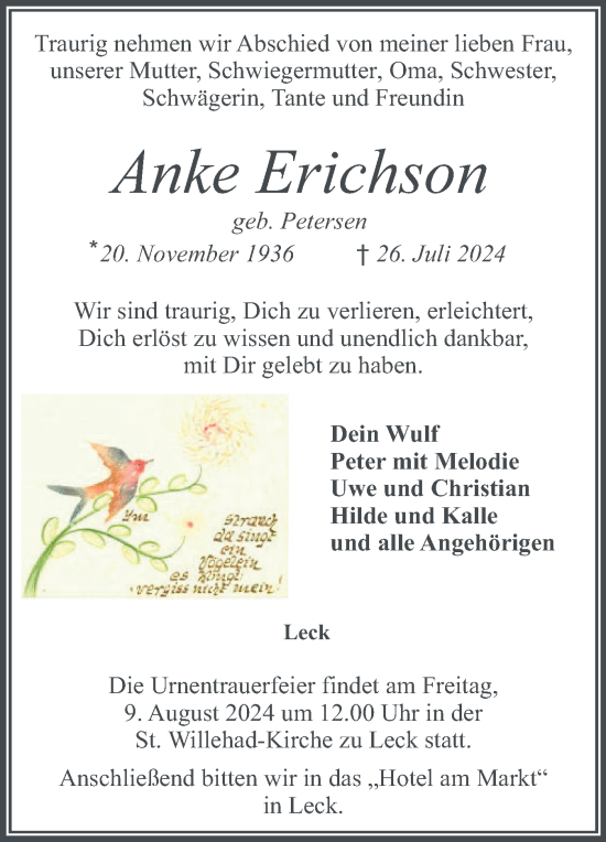 Traueranzeige von Anke Erichson von Husumer Nachrichten, Nordfriesland Tageblatt
