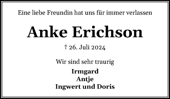 Traueranzeige von Anke Erichson von Husumer Nachrichten, Nordfriesland Tageblatt