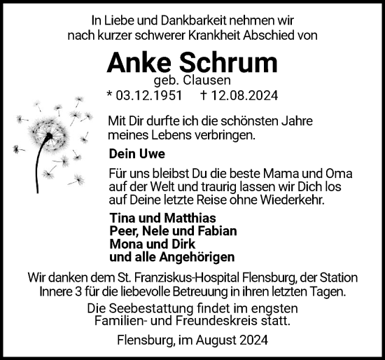 Traueranzeige von Anke Schrum von Flensburger Tageblatt