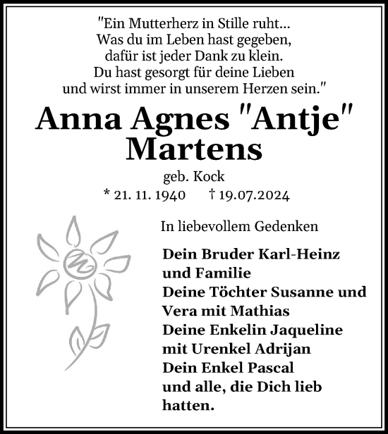 Traueranzeige von Anna Agnes Martens von Holsteinischer Courier
