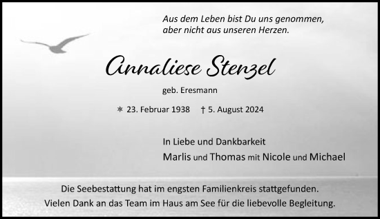 Traueranzeige von Annaliese Stenzel von Stormaner Tageblatt