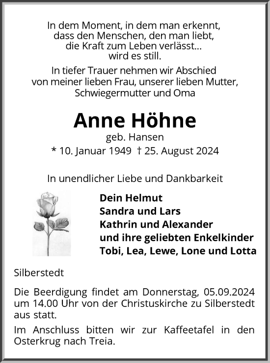 Traueranzeige von Anne Höhne von Schleswiger Nachrichten, Schlei-Bote