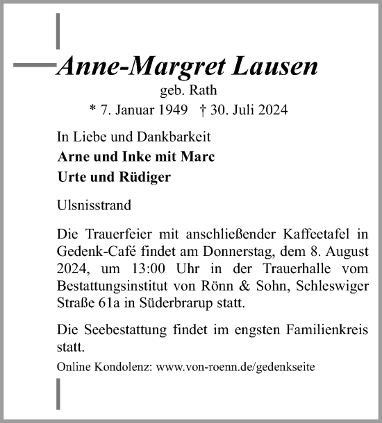 Traueranzeige von Anne-Margret Lausen von Flensburger Tageblatt, Schleswiger Nachrichten, Schlei-Bote