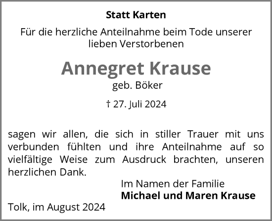 Traueranzeige von Annegret Krause von Flensburger Tageblatt, Schleswiger Nachrichten, Schlei-Bote