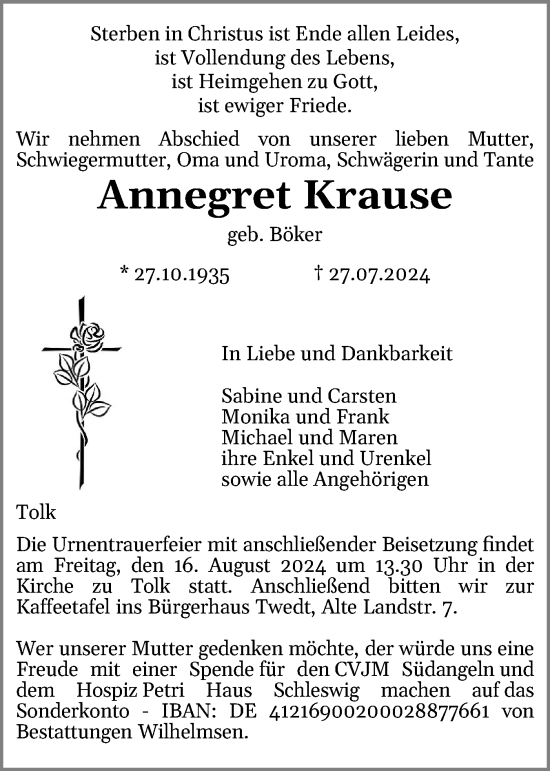 Traueranzeige von Annegret Krause von Schleswiger Nachrichten, Schlei-Bote