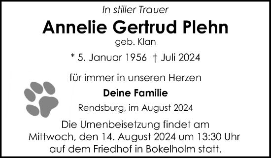 Traueranzeige von Annelle Gertrud Plehn von Schleswig-Holsteinische Landeszeitung