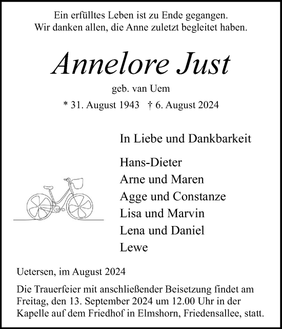 Traueranzeige von Annelore Just von Elmshorner Nachrichten, Barmstedter Zeitung