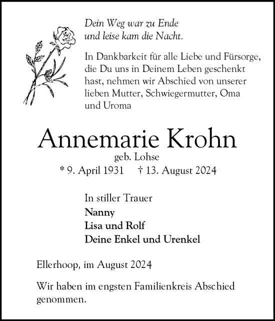 Traueranzeige von Annemarie Krohn von Elmshorner Nachrichten, Barmstedter Zeitung