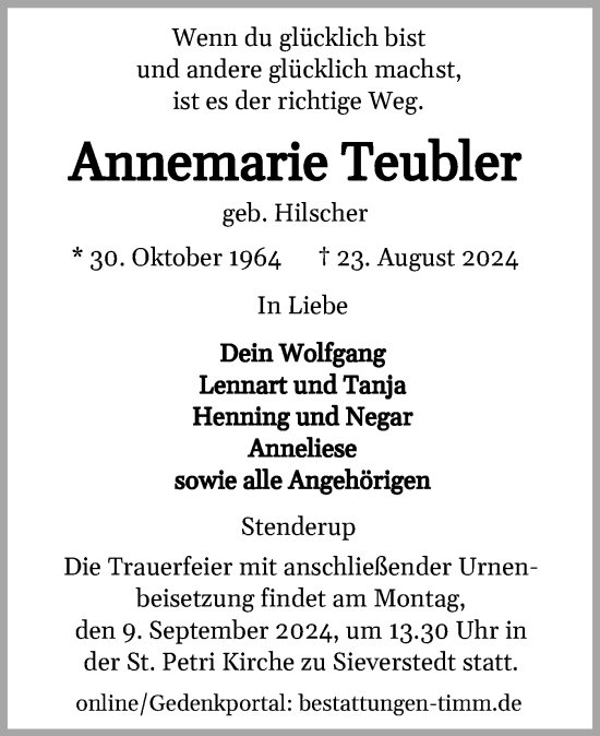 Traueranzeige von Annemarie Teubler von Flensburger Tageblatt