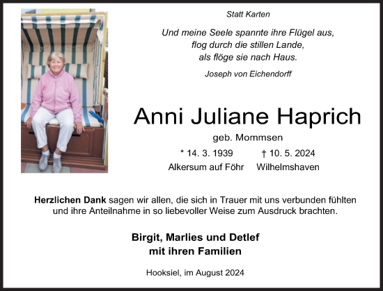 Traueranzeige von Anni Juliane Haprich von Der Insel-Bote