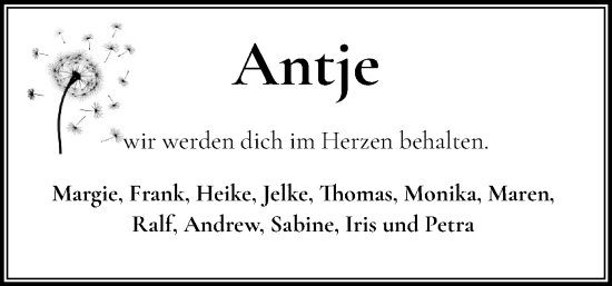 Traueranzeige von Antje  von Norddeutsche Rundschau, Wilstersche Zeitung, Glückstädter Fortuna