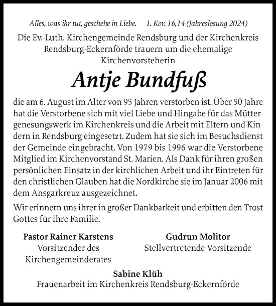 Traueranzeige von Antje Bundfuß von Schleswig-Holsteinische Landeszeitung