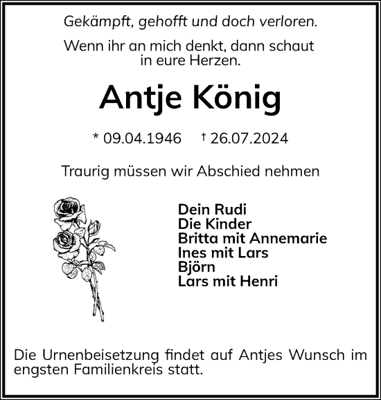 Traueranzeige von Antje König von Schleswiger Nachrichten, Schlei-Bote