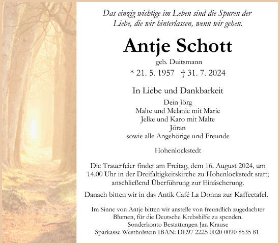 Traueranzeige von Antje Schott von Norddeutsche Rundschau, Wilstersche Zeitung, Glückstädter Fortuna