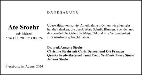 Traueranzeige von Ate Stoehr von Region Flensburg