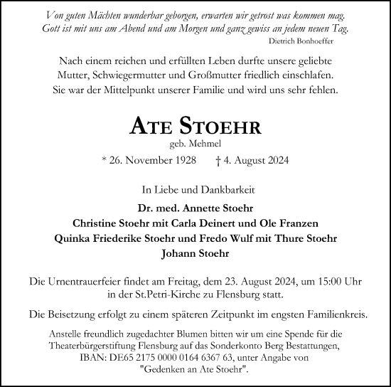 Traueranzeige von Ate Stoehr von Region Flensburg