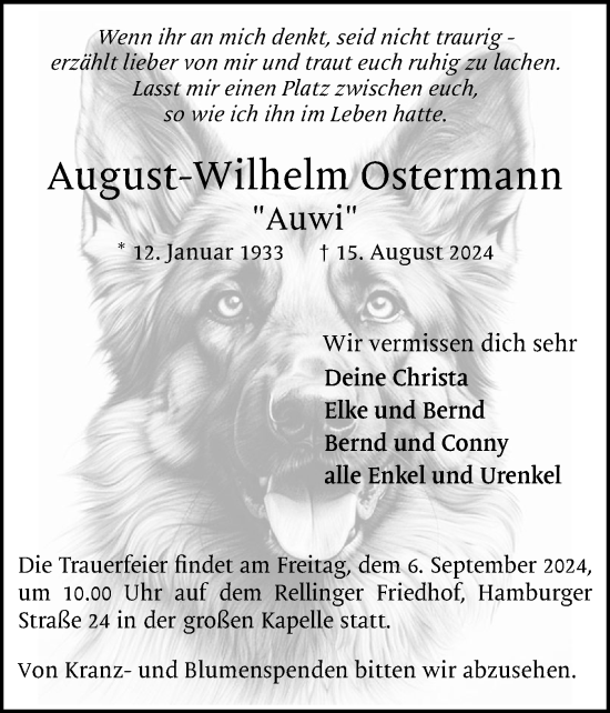 Traueranzeige von August-Wilhelm Ostermann von Region Pinneberg und tip Pinneberg