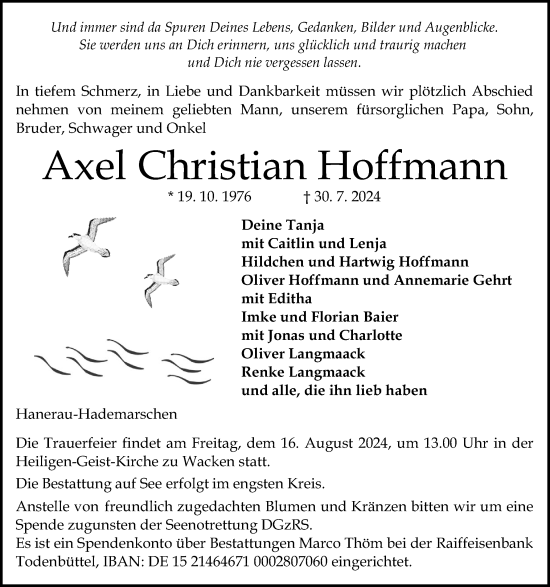 Traueranzeige von Axel Christian Hoffmann von Schleswig-Holsteinische Landeszeitung