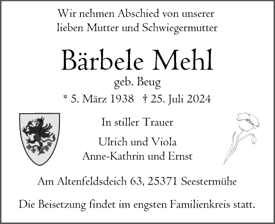 Traueranzeige von Bärbele Mehl von Region Pinneberg und tip Pinneberg