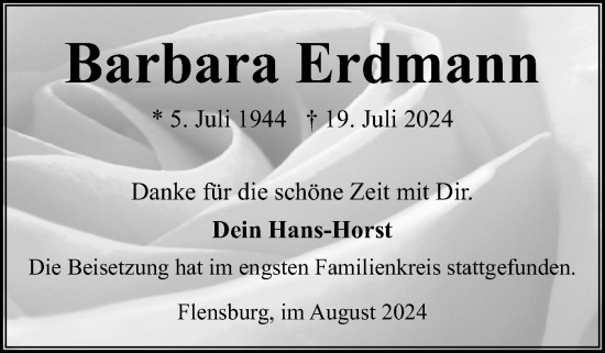 Traueranzeige von Barbara Erdmann von Flensburger Tageblatt