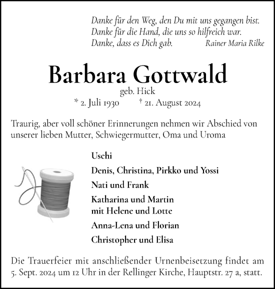 Traueranzeige von Barbara Gottwald von Region Pinneberg und tip Pinneberg