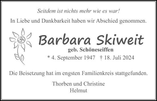 Traueranzeige von Barbara Skiweit von Flensburger Tageblatt