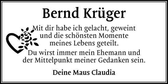 Traueranzeige von Bernd Krüger von Holsteinischer Courier