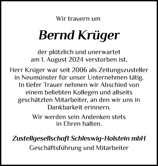 Traueranzeige von Bernd Krüger von Holsteinischer Courier