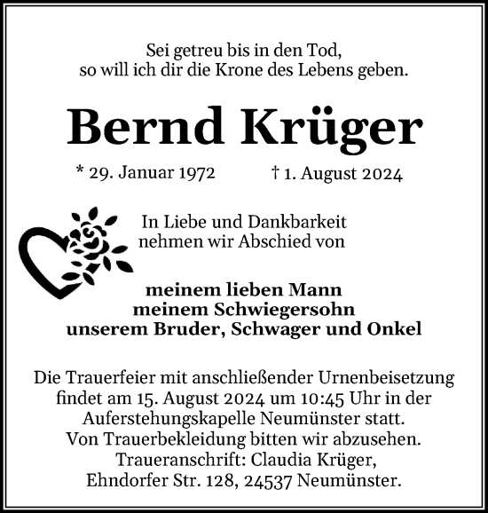 Traueranzeige von Bernd Krüger von Holsteinischer Courier