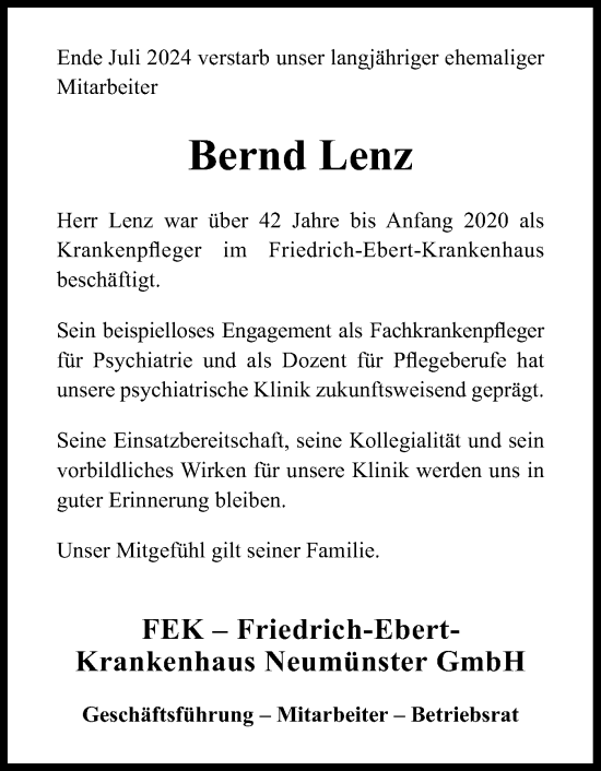 Traueranzeige von Bernd Lenz von Holsteinischer Courier