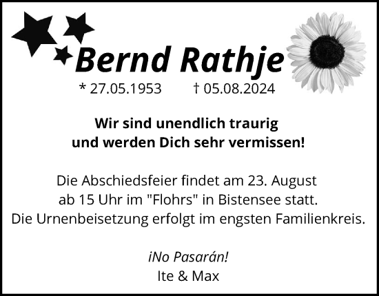 Traueranzeige von Bernd Rathje von Schleswig-Holsteinische Landeszeitung