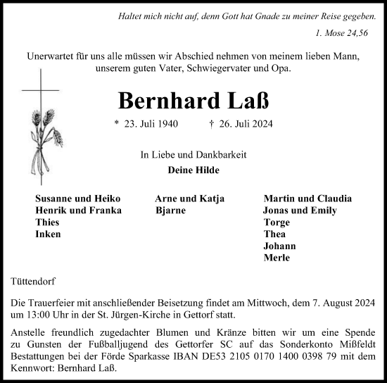 Traueranzeige von Bernhard Laß von Eckernförder Zeitung