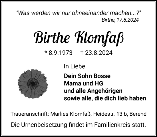 Traueranzeige von Birthe Klomfaß von Schleswiger Nachrichten, Schlei-Bote